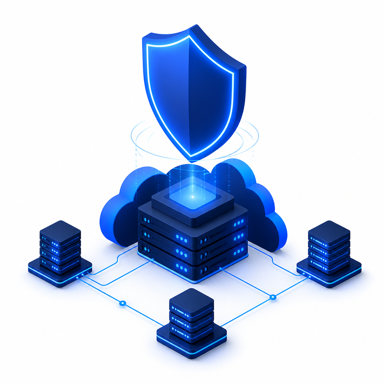 Infrastructură de securitate cloud cu scut de protecție peste servere conectate și platforme cloud precum AWS Azure și GCP