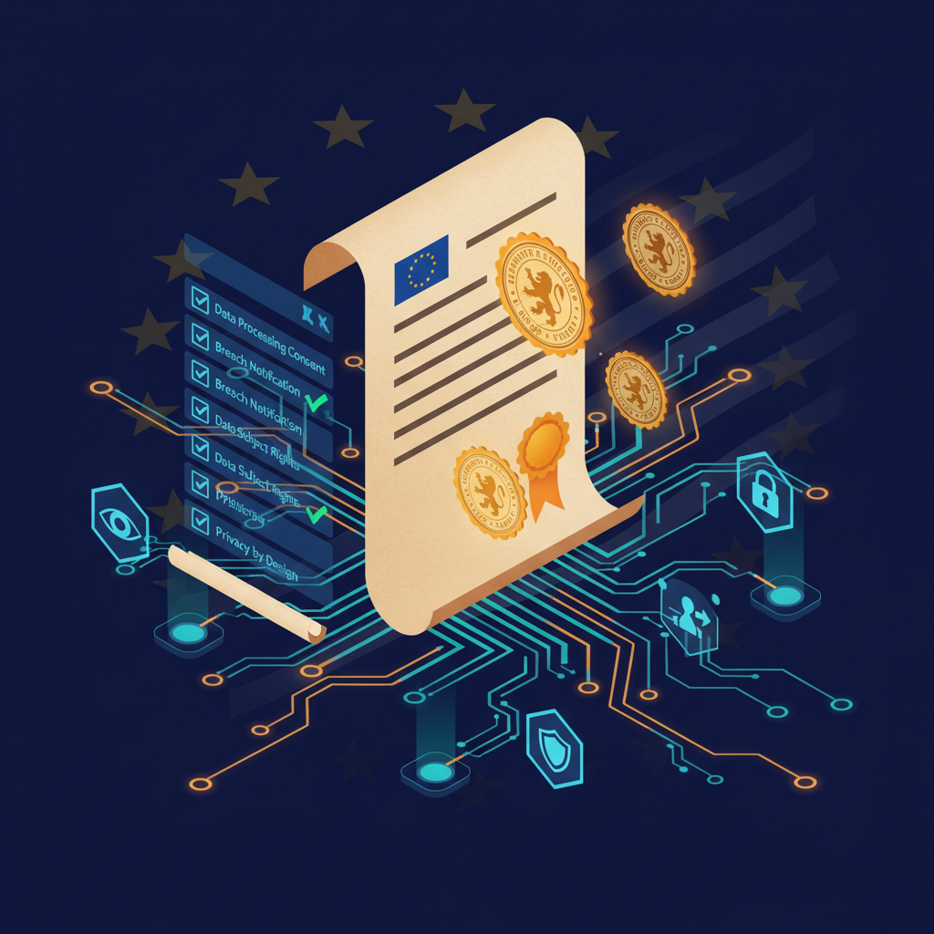 DSGVO-Compliance-Checkliste mit EU-Verordnungsdokumenten, Prüfstempeln und Datenflussdiagrammen auf dunkelblauem Hintergrund